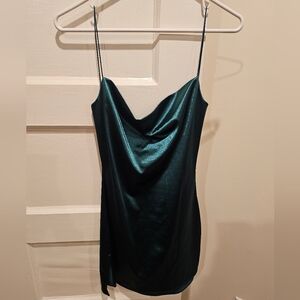 Zaful Dark Green Satin Cowl Neck Mini Dress